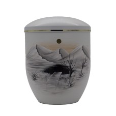 Urna fém fehér kézzel festett tájképpel