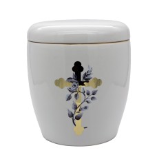 Urna kerámia mázas matricás keresztes fehér Urna kerámia mázas matricás keresztes fehér