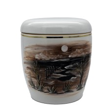 Urna kerámia kézzel festett tájkép mintával fehér színben