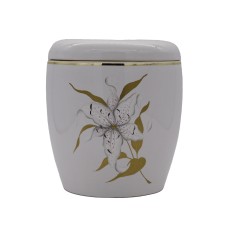 Urna kerámia kézzel festett liliom mintával fehér színben