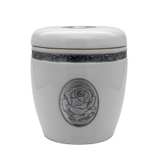 Urna kerámia mázas ón díszes rózsás fehér Urna kerámia mázas ón díszes rózsás fehér