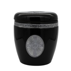 Urna kerámia mázas ón díszes keresztes fekete Urna kerámia mázas ón díszes keresztes fekete