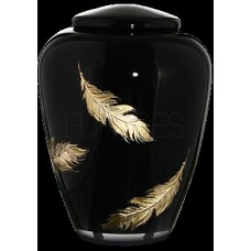 Exkluzív fekete üvegopál urna  arany toll mintával