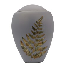 Exkluzív matt fehér üvegopál urna páfrány mintával