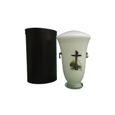 Üvegopál urna kereszt mintával fehér színben fém keszonnal